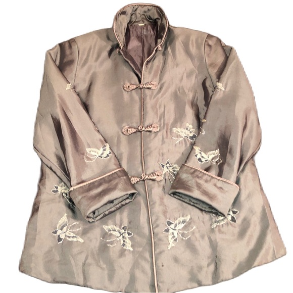Embroidered Butterflies Medium Gray Satin Coat - Picture 1 of 6